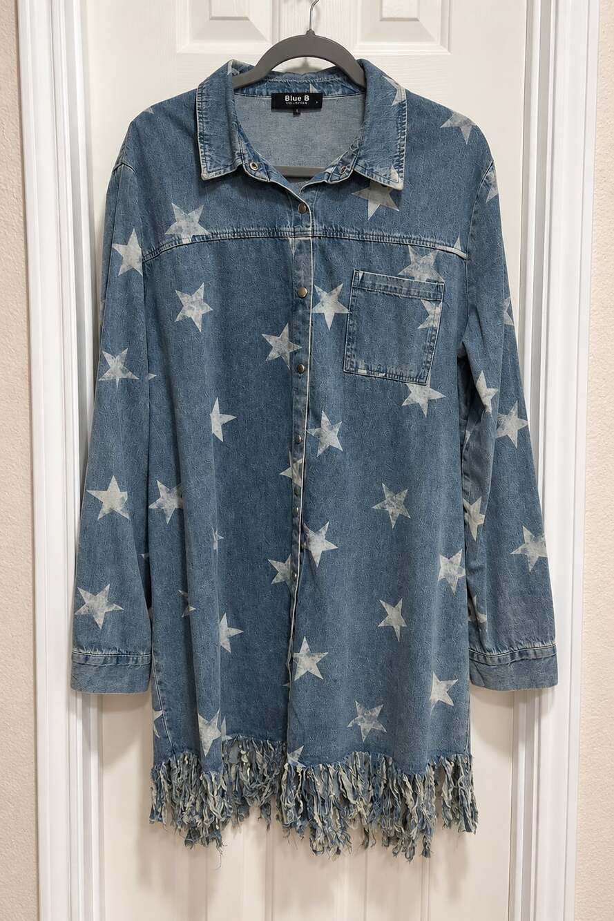 Blue B Collection Women’s L Denim Star Print Shirt Dress Fringe Hem Button Front